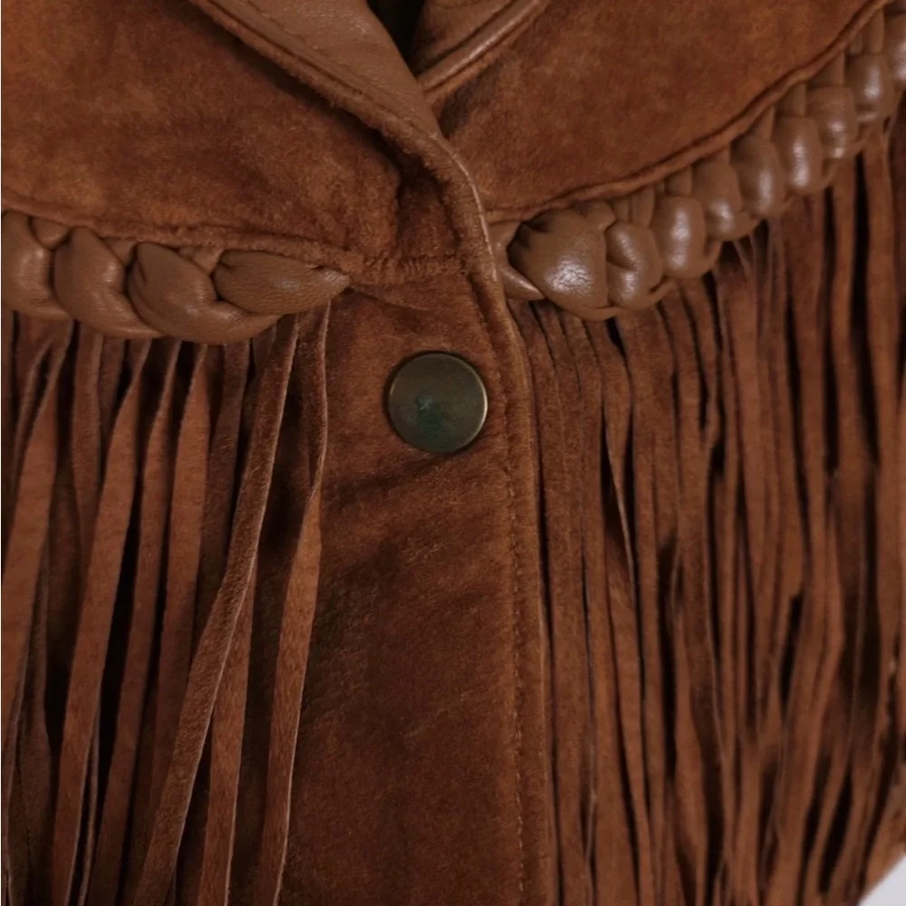 Vintage Diamond Leathers Size Large Brown Genuine Leather Fringe Snap-Up Jacket - Picture 5 of 9